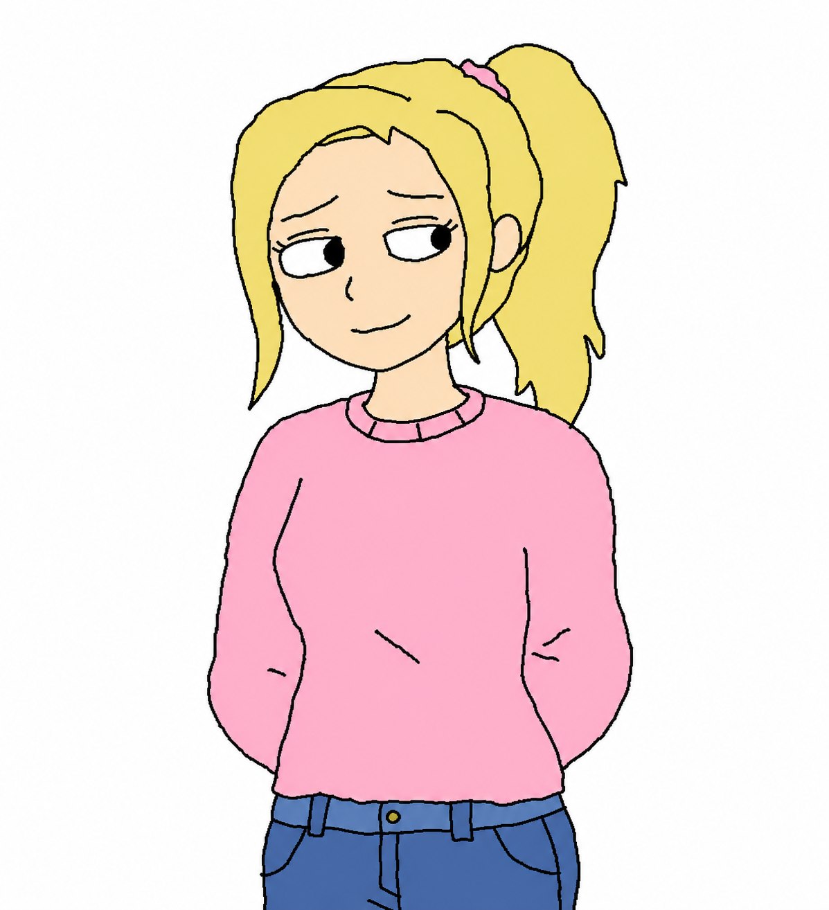 Debby, blonde girl with a ponytail in a pink sweater